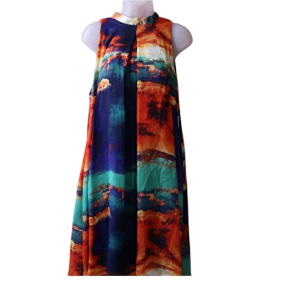 Signature By Robbie Bee Watercolor Abstract Print Swing Dress 10 NWT - Picture 1 of 16